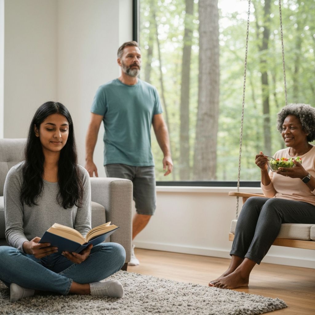 Diverse people engaged in everyday healthy activities and contemplation